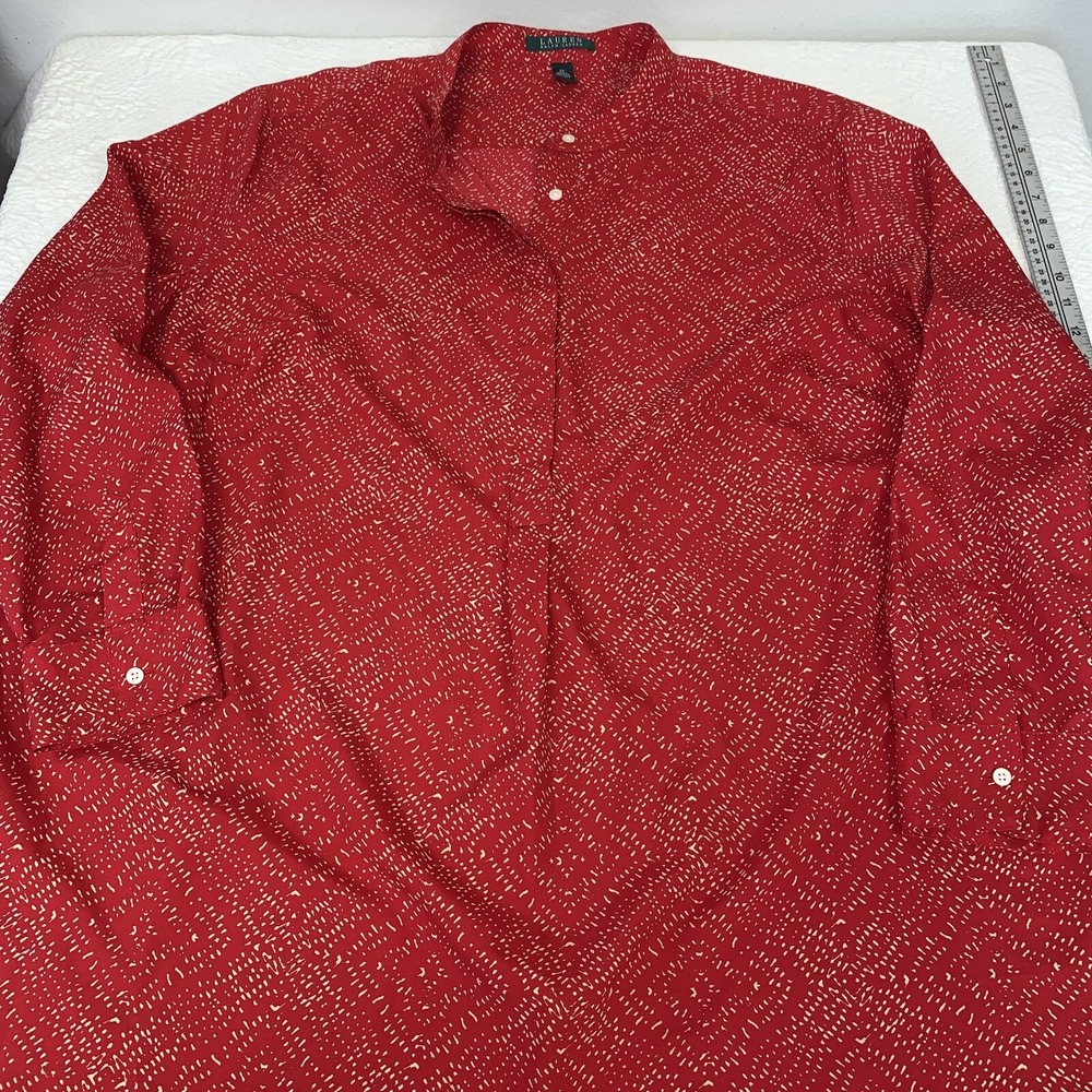 Lauren Ralph Top Red Print Tab Collar Long Sleeve Chiffon Blouse Womens 3X XL